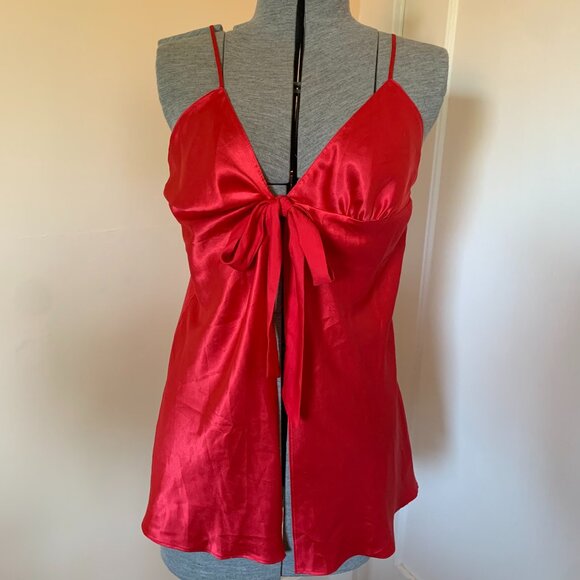 VTG Y2K Victoria Secret Red Silk Satin Top L Tie Front Camisole Bow Romantic - Picture 1 of 4